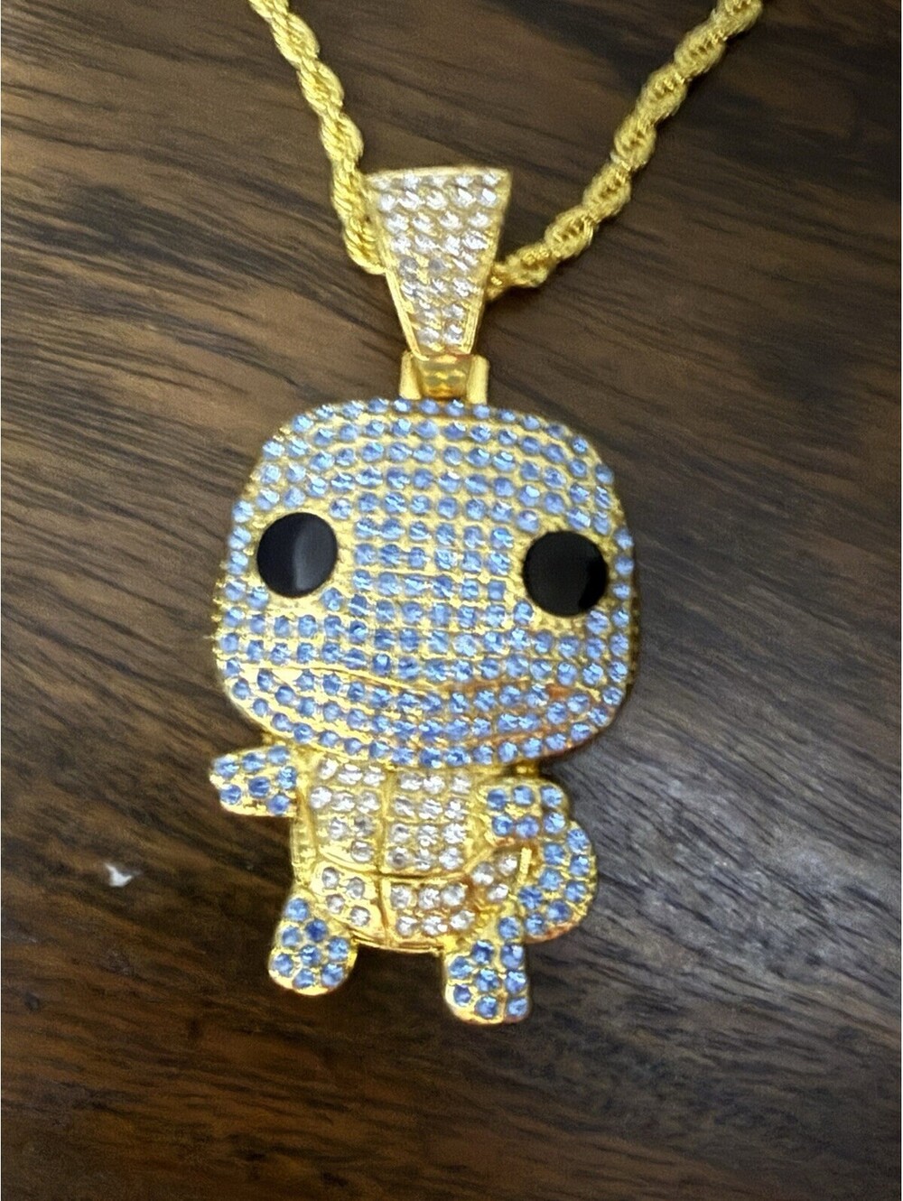 Squirtle Pokemon Inspired Iced Out Pendant Gold Tone Rope Chain Rhinestone